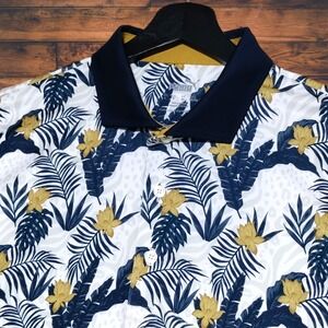 Puma Golf Polo Shirt Mens Large Hawaiian Tropical Floral Navy Blue Gold